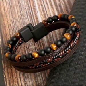 Brown and Black Beaded tiger eyes Leather Bracelet